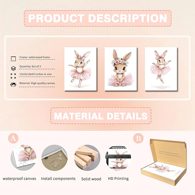 Baby Girl Nursery Wall Decor, Easter Nursery Canvas Wall Art Paintings Set of 3, Cute Animal Pink Bunny Posters Prints Pictures for Boys and Girls Room, Bedroom, Home Decor 12x16 In Framed