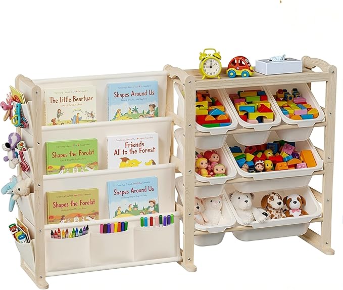 Fodoss Book Shelf for Kids Rooms - Kids Bookshelf with 7 Bins, Baby Bookcase with Solid Wood, Side Storage Pockets, Playroom Room, Large Toy Storage for Nursery, Natural Pine
