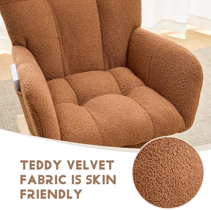 Nursery Rocking Chair Teddy Upholstered Glider Rocker with Footrest Accent Chair with High Backrest Armchair Comfy Side Pocket Chair for Living Room, Bedroom, Offices (Large Brown)