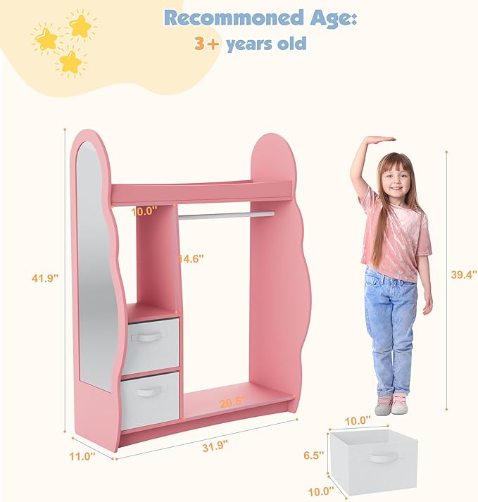 Kids Dress Up Storage Rack Mirror Wood Child Wardrobe 2 Hooks 2 Fabric Bins Toddler Closet Girls Boys Open Hanging Armoire Storage Shelf Coat Costume Hat Shoe (Pink/Cloud/Two Drawers)