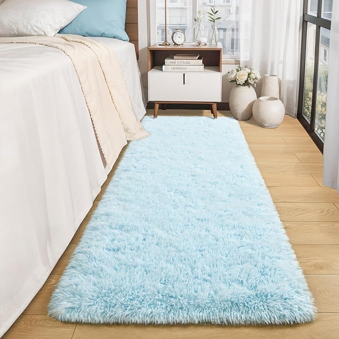 Merelax Soft Fluffy Rugs for Bedroom Living Room, 2x6 Hallway Runner Rugs, Furry Shag Bedside Area Rug Indoor Accent Floor Carpet, Plush Fuzzy Rug for Dorm Nursery Kids Room Decor, Baby Blue