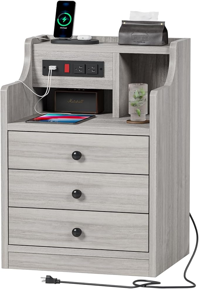 ADORNEVE Nightstand with Charging Station, Night Stand with Hutch & Storage Drawers, End Table Side Table Bedroom,Grey