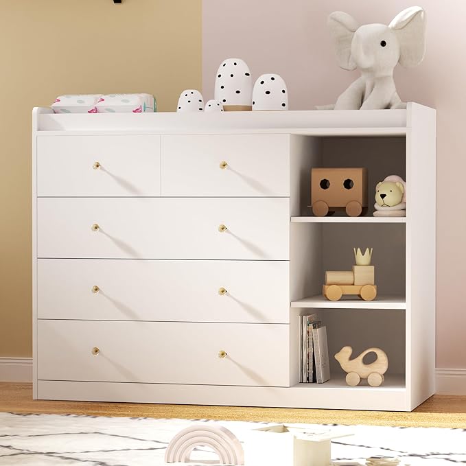 47.2" White Nursery Dresser with 5 Drawers and 3 Open Shelves Changing Table Dresser with Changing Table Top Diaper Changing Station with Storage for Nursery Children's Room