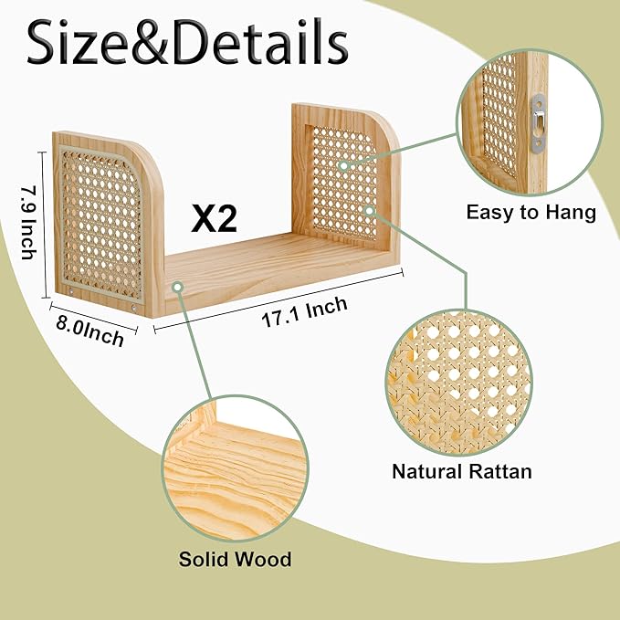 Rattan Shelf Set of 2, Natural 8 Inch Deep Wooden Hanging Bookshelf, Cute Nursery Shelves Wall Mounted, Boho Decorative Floating Shelves for Kids Room, Living Room, Play Room, Bedroom