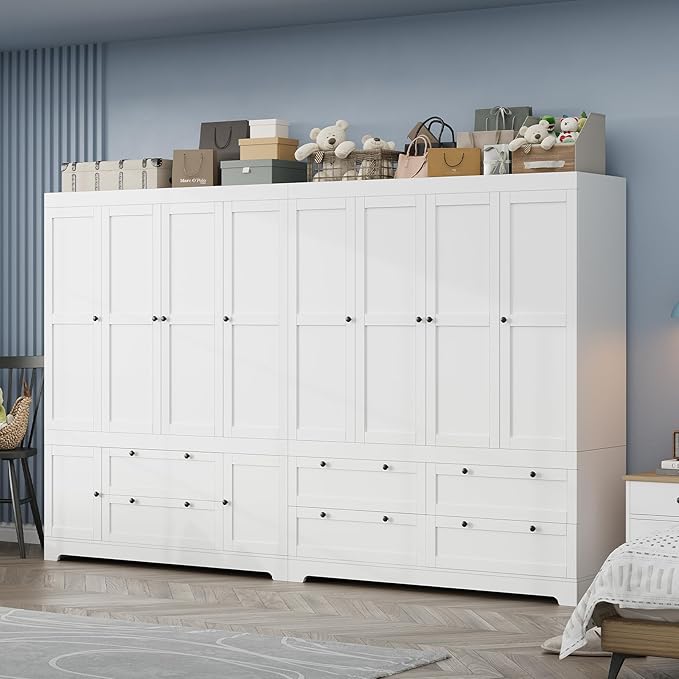 8 Door Large Wardrobe Closet 71" Tall White Wooden Freestanding Storage Armoire – Oversize Capacity Modular Cabinet with Drawers, Space-Saving Durable Design for Bedroom & Closet Organization