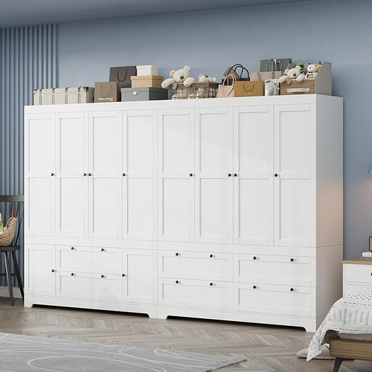 8 Door Large Wardrobe Closet 71" Tall White Wooden Freestanding Storage Armoire – Oversize Capacity Modular Cabinet with Drawers, Space-Saving Durable Design for Bedroom & Closet Organization