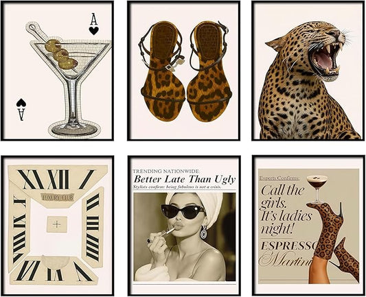 Mynotix Vintage Leopard Poster Set of 6, Trendy Cheetah Y2K Wall Art, Fashion Martini Wall Decor Preppy Girl Canvas Paintings Prints Artwork for Living Room Bedroom Dorm 8x10 inch Unframed