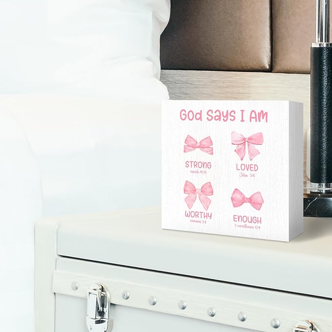 Preppy Coquette Bow Christian Wood Box Sign - Bible Verse Desk Shelf Decor, Coquette Room Decor, Pink Inspirational Christian Wooden Block Plaque Box Sign for Girl Room Nursery Dorm Decorations
