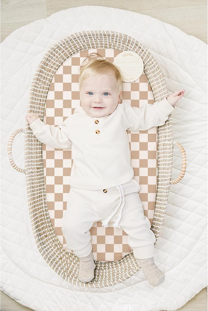 Konssy 2 Pack Muslin Bassinet Sheets for Baby Boy, 100% Cotton Soft Breathable Bassinet Mattress Sheets Fit for Hourglass Oval Cradle Rectangle Mattress (Coffee Check,Moon)
