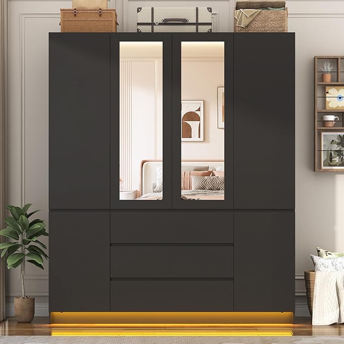 4 Doors Armoire Wardrobe Closet with 3 Drawers & Mirror, Modern Wooden Bedroom Armoires with Hanging Rod Led Lights for Bedroom, Black