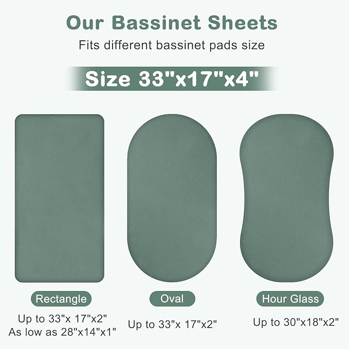Basumee Muslin Bassinet Sheets for Baby Girl Boy 2 Pack Soft Breathable Baby Bedside Bassinet Fitted Sheets with Bottom Elastic Band 33''x17''x4'' Mattress Cover for Rectangle Oval Hourglass Bassinets