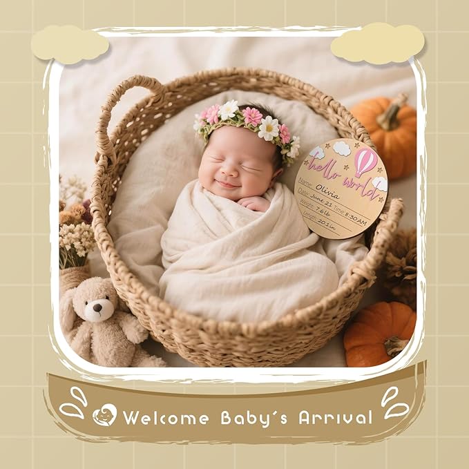 Baby Birth Announcement Sign with Marker Pen, Hot Air Balloon and White Cloud Baby Name Sign with Ink Pad, Hello World Newborn Announcement Nursery Decor Keepsake Gifts (Pink)