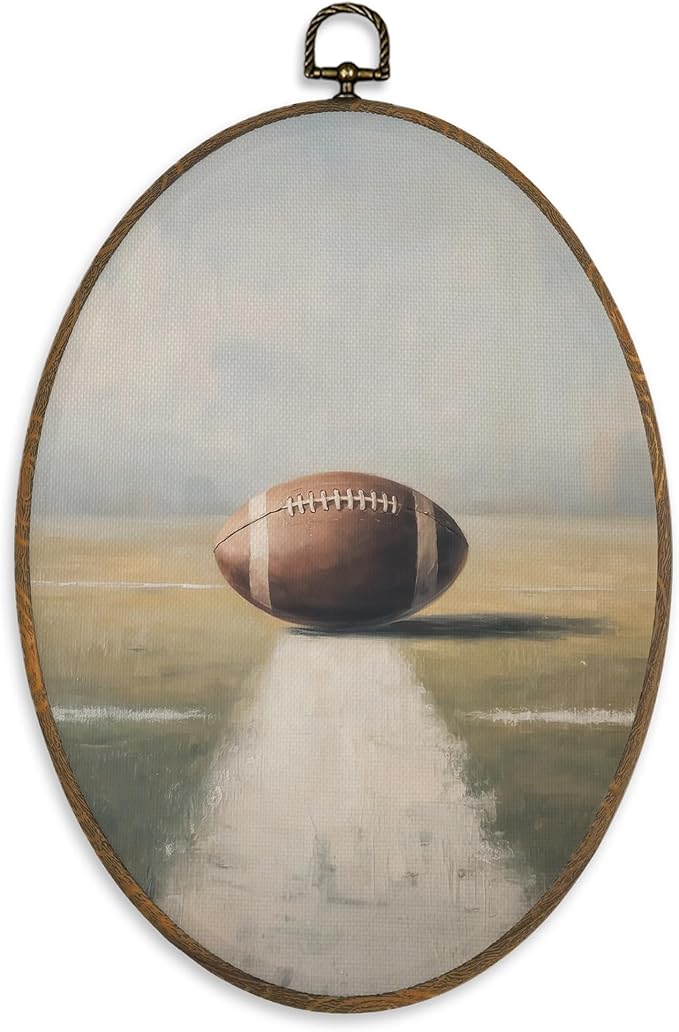 XBBMGG Vintage Football Rugby Wall Art Decor, American Football Sports Oval Wall Hanging Decor, Sage Green Rugby Framed Canvas Prints for Boy Kids Dorm Nursery Gym Bedroom Decorations, 8.6x11.4inch