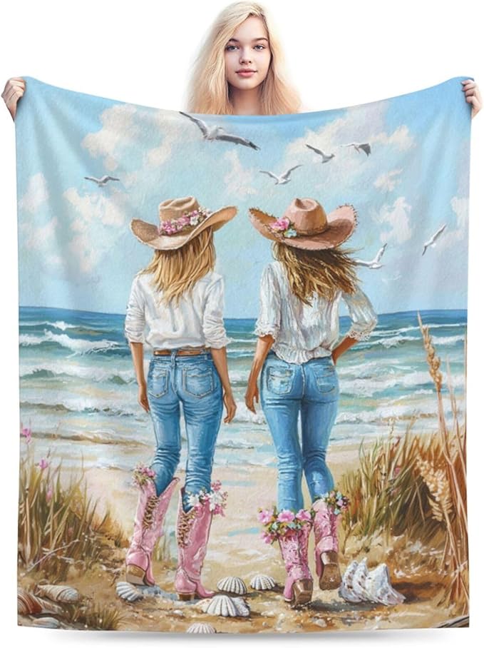 Coastal Cowgirl Blanket Cowgirl Beach Decor Throw Blanket Super Soft Flannel Lightweight Fluffy Plush Fuzzy Fleece Western Blanket Gifts for Girl Woman Boys Kids Adults Man for Bed Sofa 50"X60"