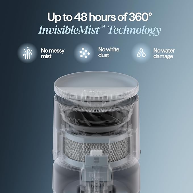 BLUEAIR Room Humidifier - DreamWell - 48Hr Top-Fill Mist-Free InvisibleMist Technology Aroma Stone for Essential Oils and Soothing Mood Lighting - Quiet Operation for Bedroom and Home Use, Grey