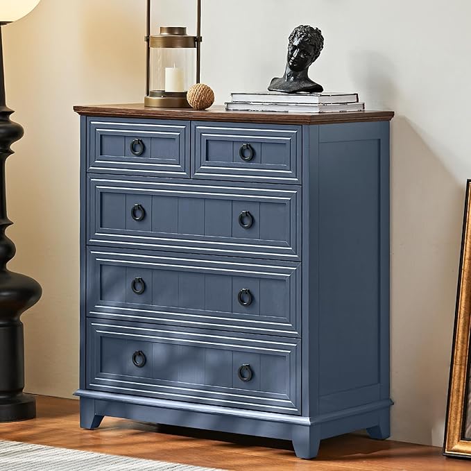 Farmhouse 5 Drawer Dresser for Bedroom Set of 2, 33.2" Tall Small Dressers & Chest of Drawers, Rustic Wood Dresser with Metal Handle, Storage Organizer Closet for Living Room, Hallway,Entryway