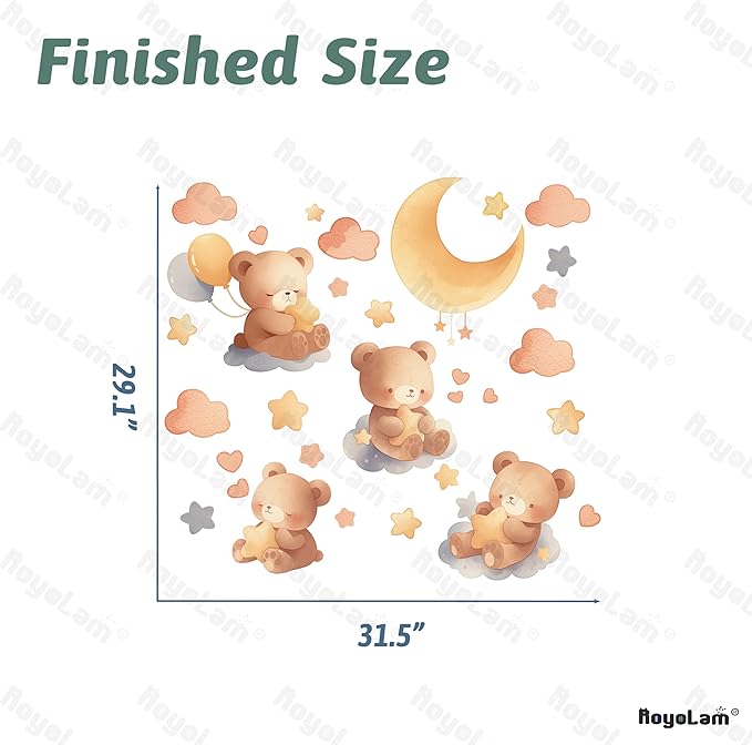 Cartoon Bear Moon Star Cloud Balloon Wall Decals Nursery Preschool Wall Stickers for Kid Baby Removable Peel and Stick DIY Wall Art Decor Decoration for Living Room Bedroom Playing Room