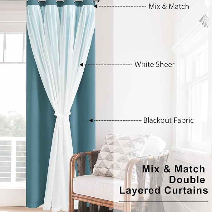 Hiasan Blackout Curtains with Sheer Overlay,Thermal Insulated Mix & Match Double Layer Room Darkening Curtains for Bedroom,Living Room,Nursery,2 Window Panels Sewn with Tiebacks,Stone Blue,52W X 84L