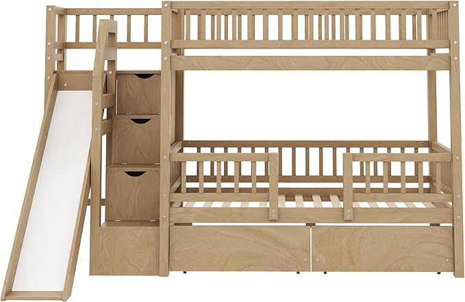 Twin Over Twin Bunk Bed with Storage Staircase, Solid Wood Bunk Bed Frame with Slide and 2 Drawers for Kids Teens Adult Bedroom, No Box Spring Needed (Walnut/63r)