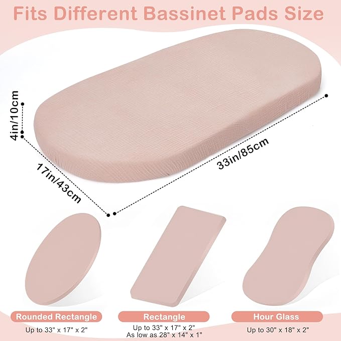 Basumee Muslin Bassinet Sheets for Baby Girl Boy 2 Pack Soft Breathable Baby Bedside Bassinet Fitted Sheets with Bottom Elastic Band 33''x17''x4'' Mattress Cover for Rectangle Oval Hourglass Bassinets