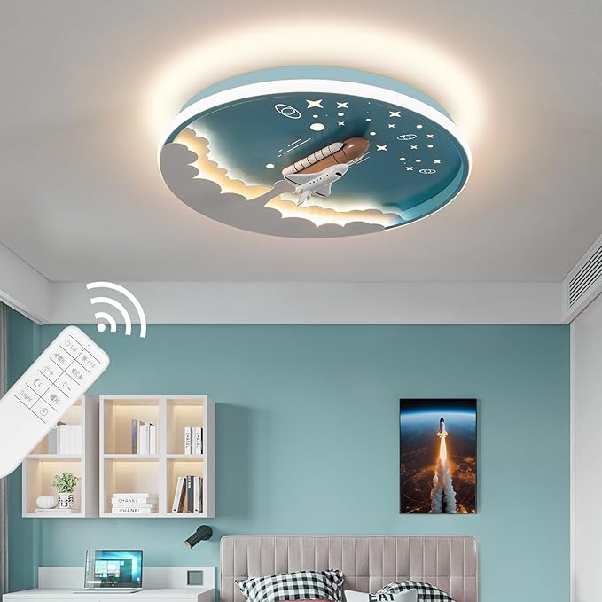 Kids Room Ceiling Lamp 20" Kitchen Ceiling Light with Remote Control 3000k-6000k Blue Cartoon Rocket Semi Flush Mount Ceiling Lights for Bedroom