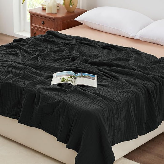 Love's cabin 6 Layer 100% Cotton Muslin Blanket, 108"x90" Muslin King Size Blanket for Bed Couch, Lightweight and Breathable Cotton Gauze for Adult, Black