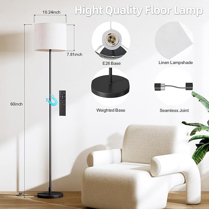 Keepsmile Dimmable Floor Lamps for LivingRoom with 12W LED Bulb, Foot Switch, Remote Custom Color Temperature Floor Light, Linen Shade Standing Lamps, Modern Tall Lamp for Office Bedroom Kid Room