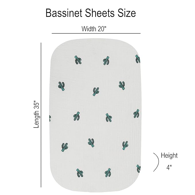 Onacosht Muslin Bassinet Sheets 3 Pack, 100% Cotton Baby Sheet 35" X 20" Compatiable with AMKE 3 in 1 Bassinets, MiClassic, Uiuwoo, Foalom, YADAQE, Milliard and TCBunny Bassinet, Green Floral Cactus