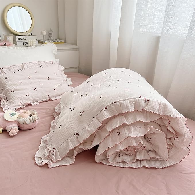 AOJIM Muslin Kids Duvet Cover for Boys Girls, 1 Piece Pure Cotton Toddler Cherry Comforter Cover 47X59'', 2-Layer Gauze Kids Bedding with Ruffled Design, No Quilt or Pillowcases