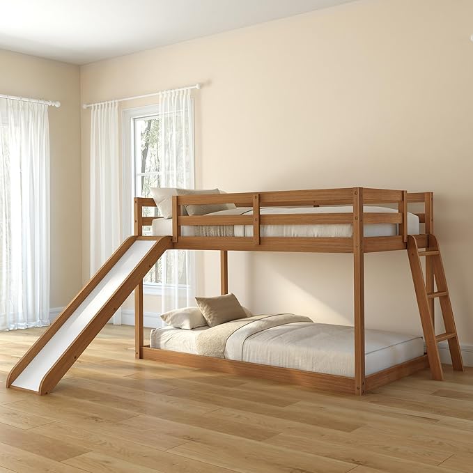Grain & Grove Bear Twin Over Twin Bunk Bed with Slide, Low Bunk Bed Frame for Kids, Bunk with Ladder, Guardrail, and Slats, No Box Spring Required, Oak Embossed Pecan