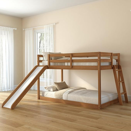 Grain & Grove Bear Twin Over Twin Bunk Bed with Slide, Low Bunk Bed Frame for Kids, Bunk with Ladder, Guardrail, and Slats, No Box Spring Required, Oak Embossed Pecan