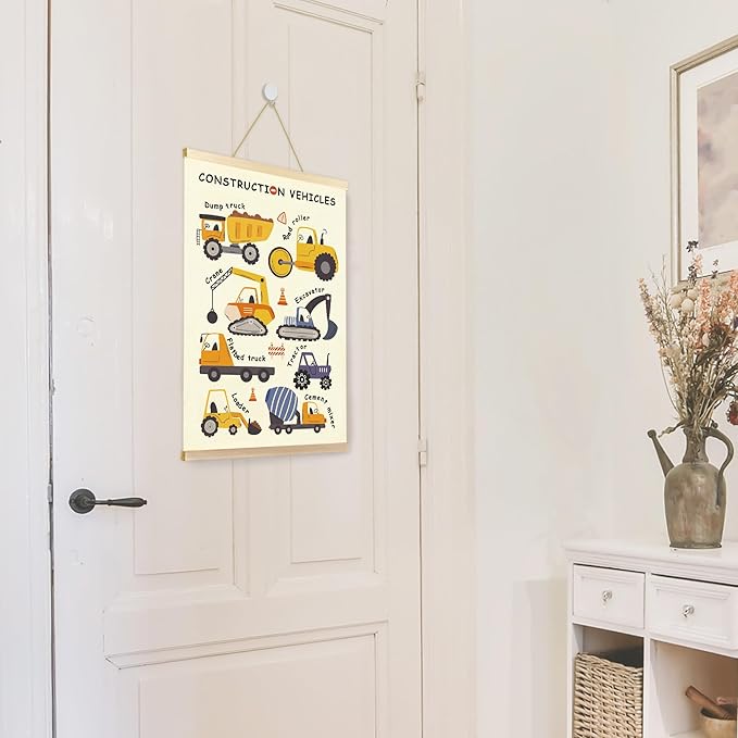 CGBHW Construction Vehicles Nursery Poster Hanger Frame, Kids Educational Learning Trucks Name Posters Wall Art Hanging Decor for Toddler Boy Baby Room Playroom Classroom，12x16Inch