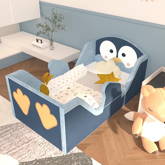 Toddler Beds, Child Bed for Kids with Extra Safty Broad, Standard Crib Size Animal Toddler Bed, Certified Fabric Toddler Beds,Toddler Floor Beds (Penuins)