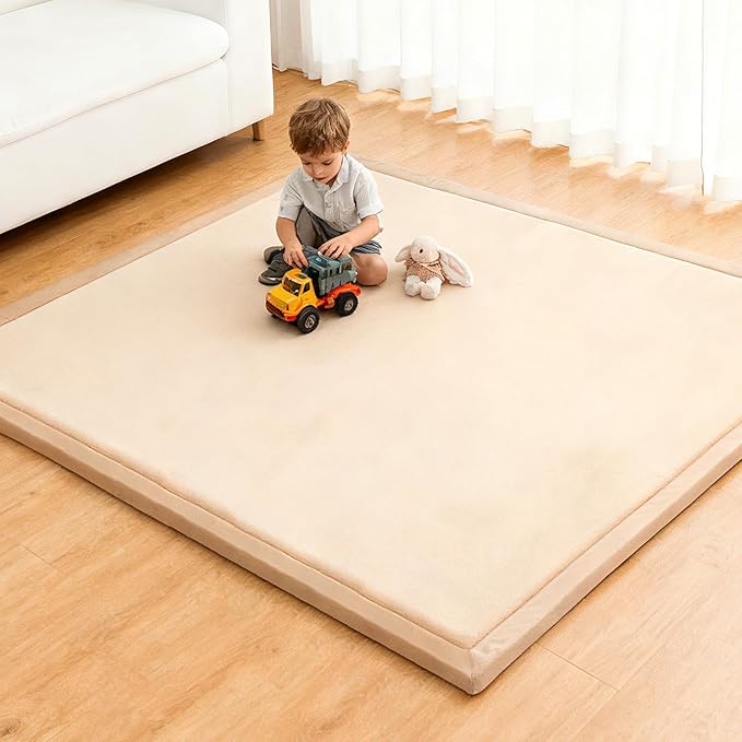 Baby Play Mat for Floor, 71'' x 59'' Thicken Foam Soft Padded Playmat for Tummy Time, Playpen Mat for Toddlers Infant Kids, Water-Repellent Coral Velvet, Non-Slip Bottom Safe for Crawling (Brown)