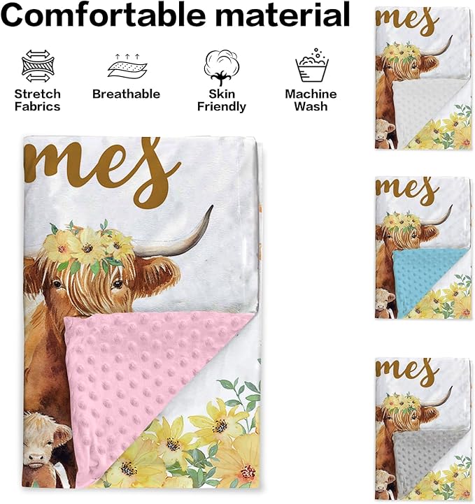 Personalized Baby Blankets for Girls, Custom Name Yellow Flower Highland Cow Theme Baby Blanket, Soft Receiving Blanket for Newborns and Toddlers, Ideal for Baby Showers and Nursery Decor