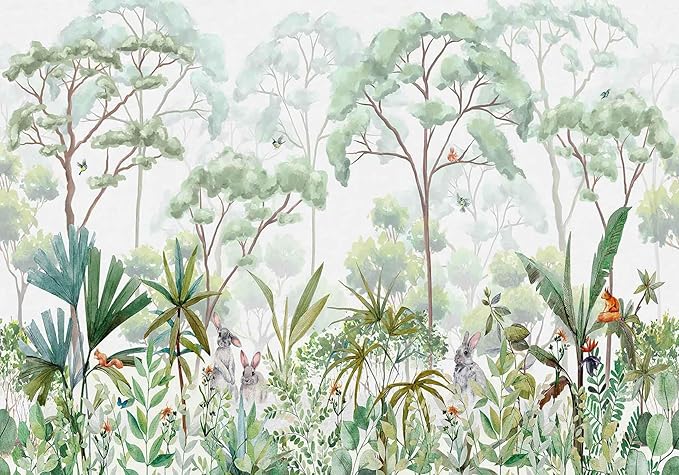 Tropical Forest Wallpaper Mural Green Botanical Leaves Rabbit Wall Mural Watercolor Art for Bedroom Living Room (Not Self-Adhesive)