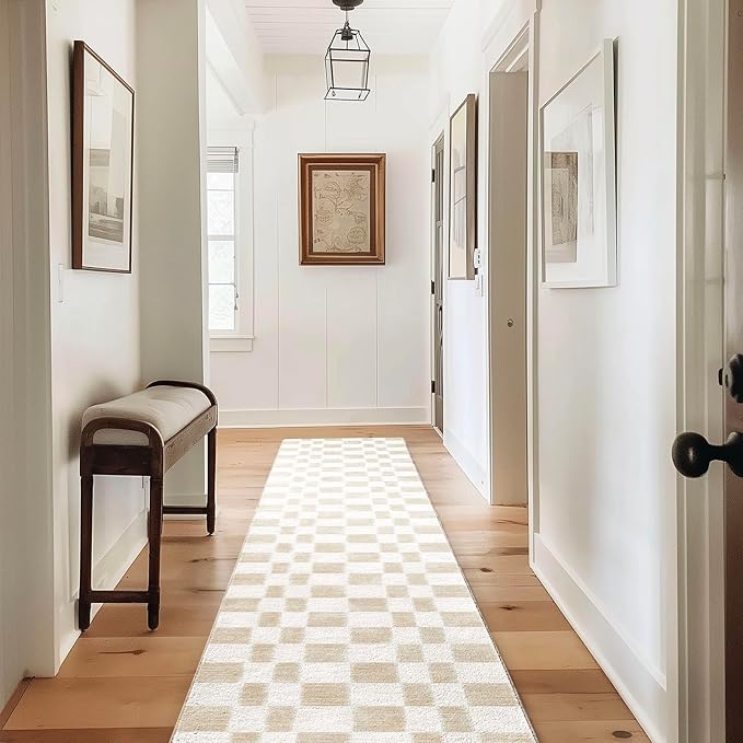EverGrace Checkered Plaid Area Rug 2x10, Soft Fuzzy Faux Wool Rugs Washable Anti Slip Rugs Long Runner Rug Carpet for Entryway Bedroom Living Room Hallway Kitchen Dining Room and Laundry Room, Beige
