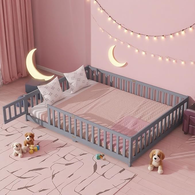 Queen Size Floor Bed Frame with Slats and Safety Guardrail, Wood Queen Size Montessori Floor Bed with Door and Fence, Easy Assemble Montessori Beds for Kids, Girls, Boys, Gray