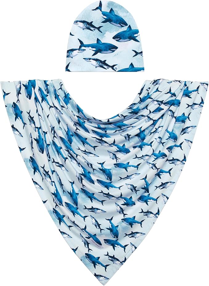 Posh Peanut Baby Swaddle Blanket & Beanie - Matching Newborn Swaddle Set, Doubles As Receiving Blanket or Nursing Cover (Sharks)