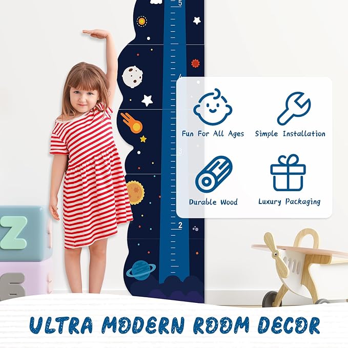 Personalized Name Rocket Wood Growth Chart for Kids – Wall Height Measurement Ruler, Toddler Playroom Decor 63" x 15.3"