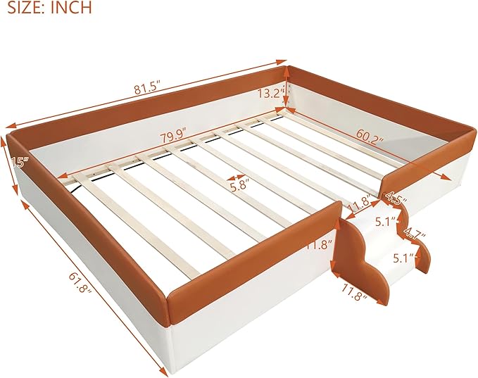 Merax Upholstered Kids' Daybed, Daybed Frame with Fence and Stairs, No Box Spring Needed, Queen Size, Brown+White