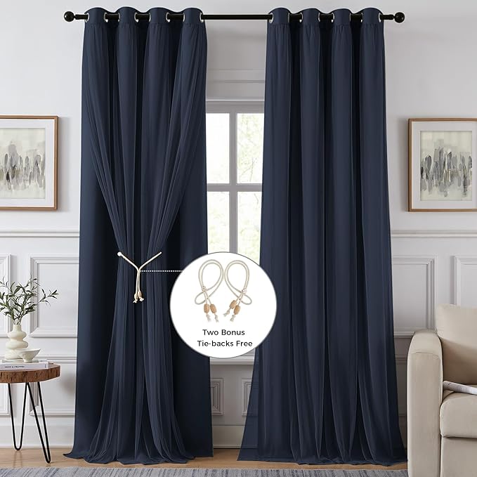 100% Blackout Curtains for Bedroom, Double Layer Navy Blue Curtains, Black Out Curtain 84 inch long With Sheer Overlay for Living Room, Room Darkening Window Drapes with Grommet, 52"W x 84"L