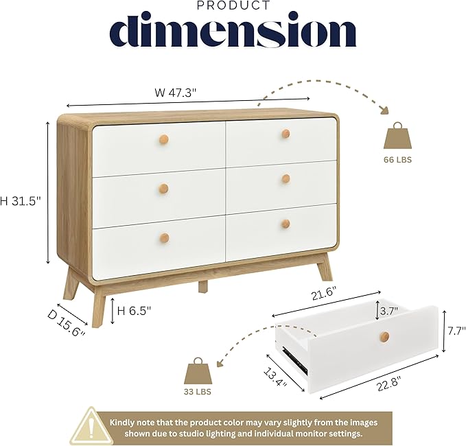 ELISA HOME Aries 6 Drawer Dresser for Bedroom, 47.3″ W Perfect for organizing Clothes, linens, or Accessories., Ideal for The Bedroom, Hallway, Nursery, or Living Room, Oak/White
