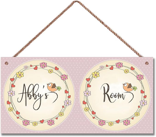 Personalized Sign, Flowers Sign, Cute Bird Wall Art Decor Custom Name Door Sign for Kids Room Floral Nursery Art Plate For Boys Room Girls Bedroom Little Man Cave