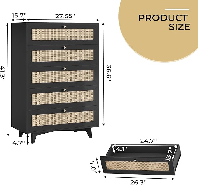 AOGLLATI Black Rattan Dresser for Bedroom with 5 Drawer, Modern Double Wooden Tall Bedroom Dresser, Chest of Drawers with Metal Handle & Solid Wood Legs for Bedroom/Living Room, Black
