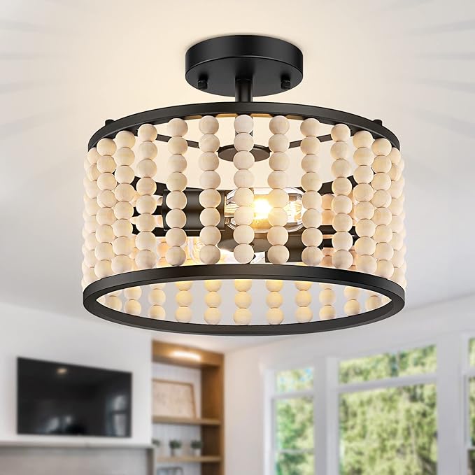 Farmhouse Boho Light Fixture - Wood Beaded Chandelier, Rustic Semi Flush Mount Ceiling Light, Black 2-Light Nursery Light Fixture for Kitchen Island Foyer Hallway Bedroom Living Room, E26 Base
