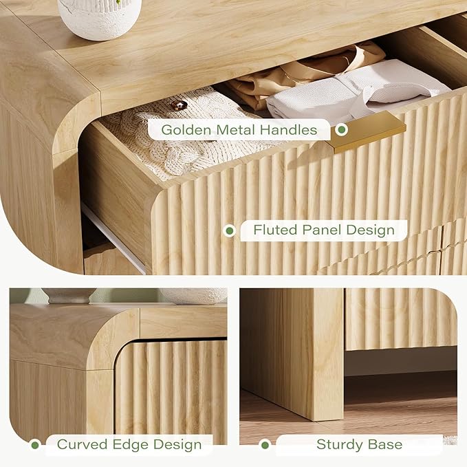 Angel Sar 55" Modern Fluted 6 Drawer Dresser for Bedroom, Wooden Bedroom Dresser with Arched Tabletop, Wave Pattern Design & Gold Handles, Closet Chest of Drawers for Clothes Storage, Natural Wood