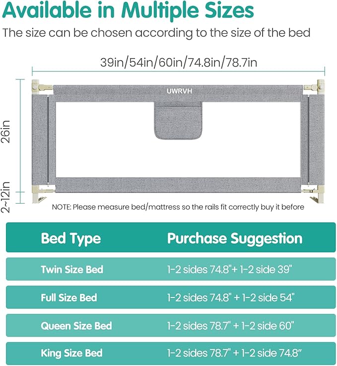Bed Rails for Toddlers，Toddler Bed Rails，Bed Rail for Baby - Adjustable Height Bed Guard with Child Safety Lock, Universal Fit for King/Full/Twin Beds (Grey, 1 Side 59Inch)