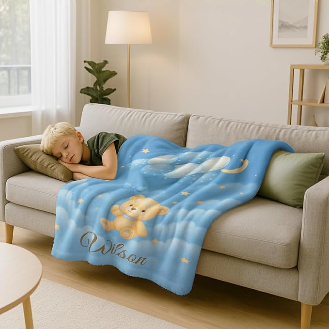 Personalized Baby Blanket – Printed in USA, Baby Blankets for Girls & Boys with Name, Newborn Essentials Must Haves, Soft Plush Flannel, Easter Christmas Brithday Gifts for Kids Toddlers (Blue Pink)