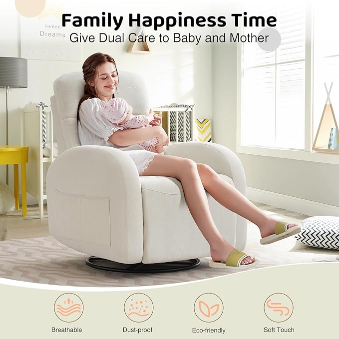 Swivel Recliner Rocker Nursery, Chenille Nursering Glider Recliner, Manual Swivel Rocking Reclining with Double Pockets for Living Room, Cream White